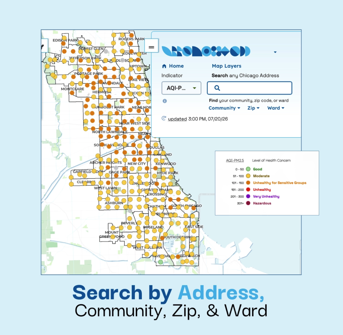 Interactive map of Chicago displaying air quality index data with color-coded indicators for health concerns. Features a search bar for community, zip code, or ward lookup.