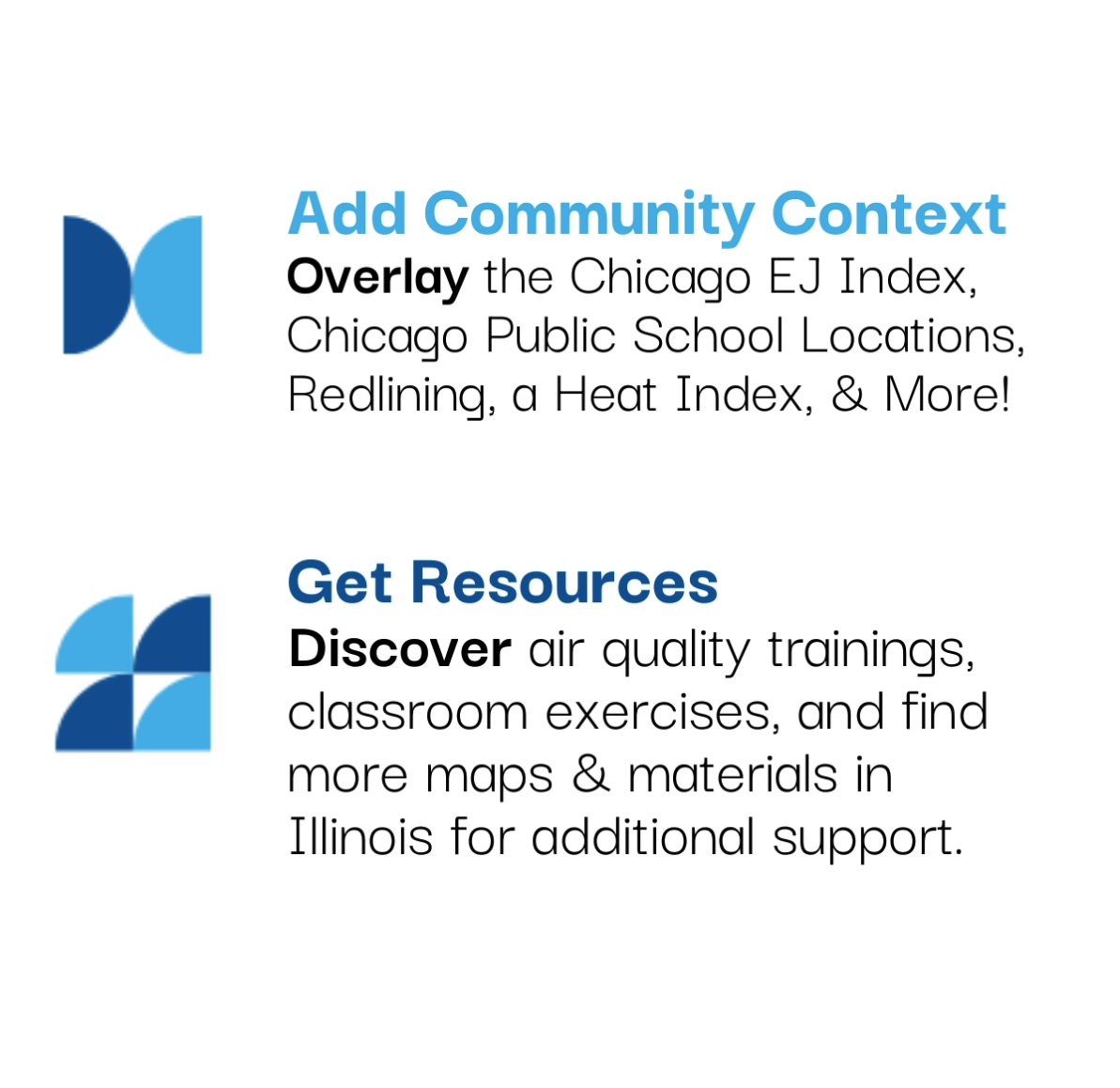 Text promoting community context overlay for Chicago EJ Index, school locations, and heat data.