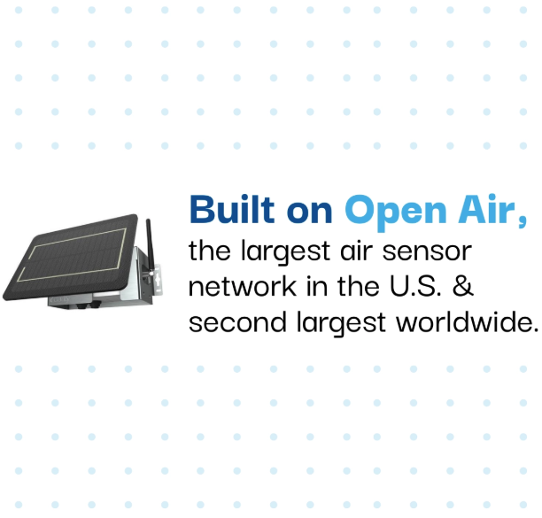 Graphic featuring a solar-powered air sensor with text highlighting the largest air sensor network in the U.S. and second largest worldwide.
